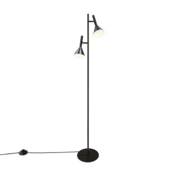 Black dual-head floor lamp with adjustable cone shades on a tall stand and a round base, plugged in with a visible cord and switch on the cord nearby.