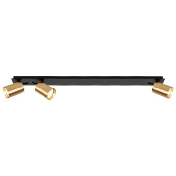Black horizontal ceiling track with three gold adjustable spotlight heads