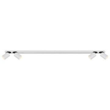 White ceiling-mounted track lighting bar with four adjustable spotlights along a horizontal silver bar.